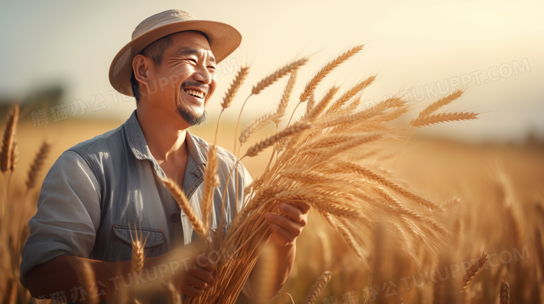 丰收的金色麦田里喜悦的农民摄影图