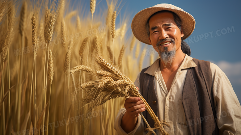 丰收的金色麦田里喜悦的农民摄影图