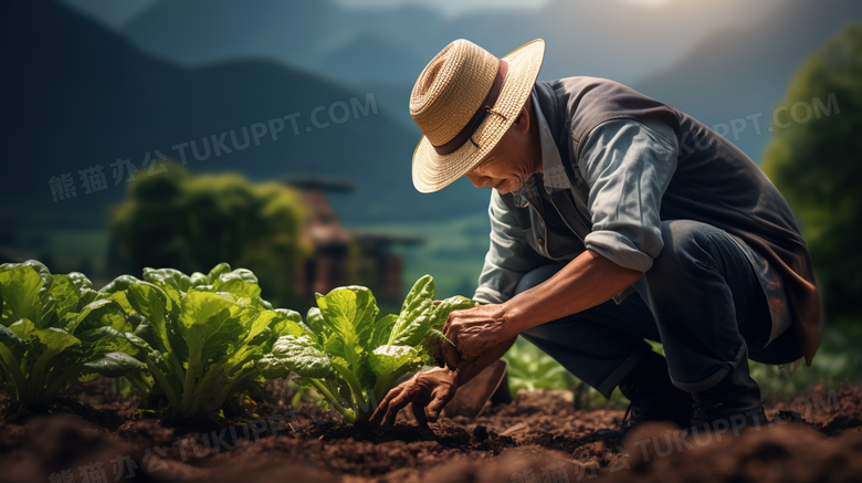 在农田里辛勤栽种蔬菜的农民摄影图
