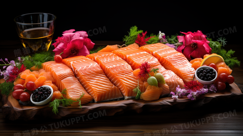 精美摆盘三文鱼海鲜料理美食摄影图