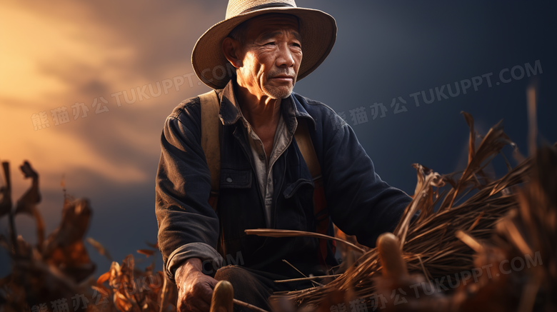 丰收的金色麦田里质朴的农民摄影图