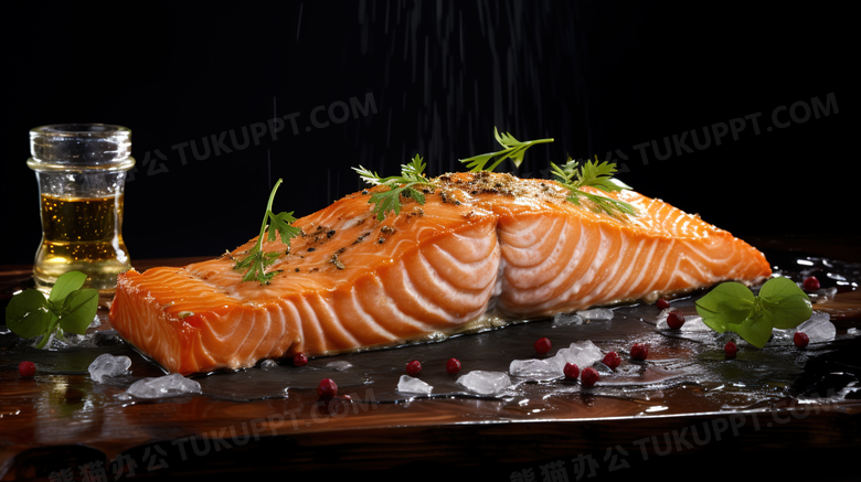 精美摆盘三文鱼海鲜料理美食摄影图