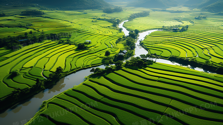 绿色的稻田鸟瞰图图片