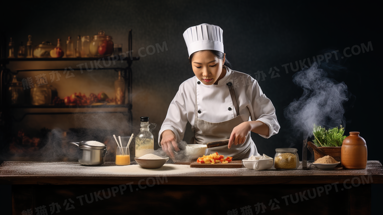 料理桌食材前准备美食的女厨师职业摄影