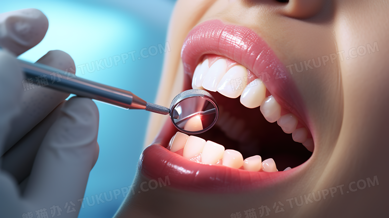 牙医检查病人的牙齿情况特写图片