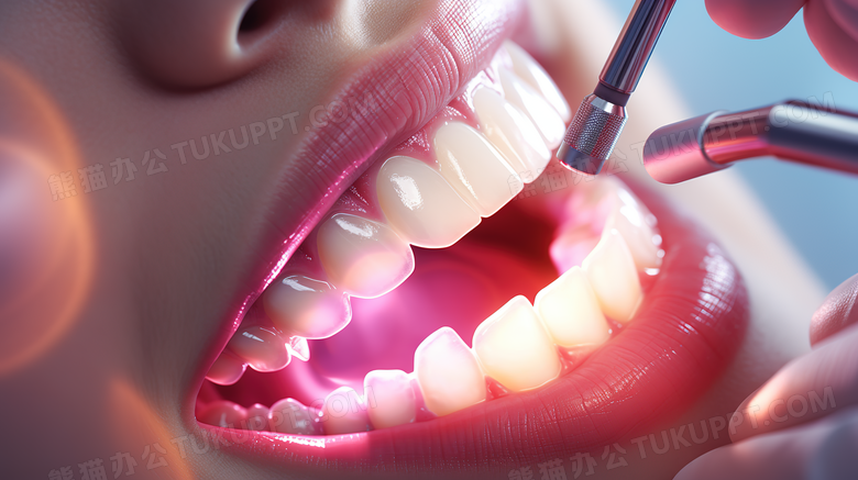 牙医检查病人的牙齿情况特写图片
