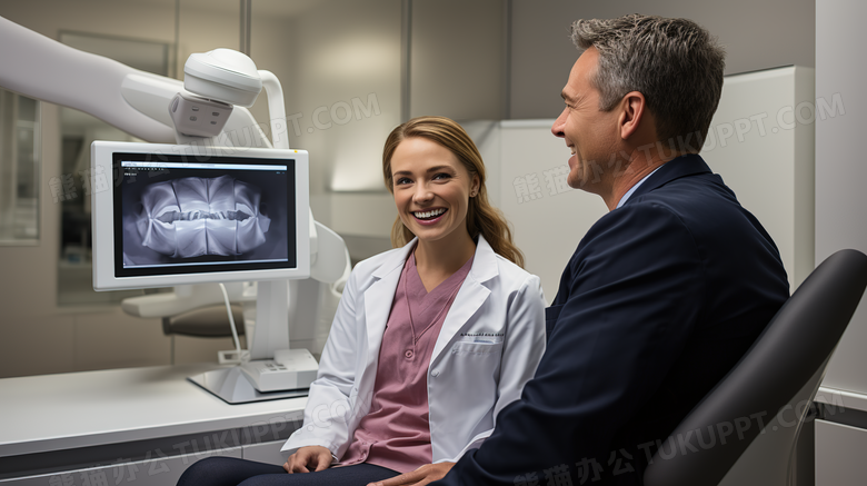 牙医给病人讲解他的牙齿情况特写图片