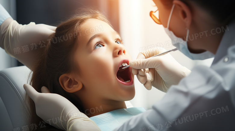 牙医给可爱的小女孩做牙齿检查特写图片