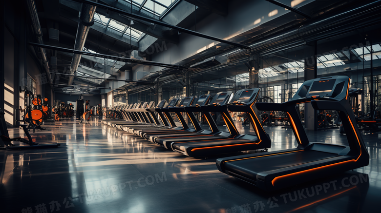 健身房整齐的运动机械场景图片
