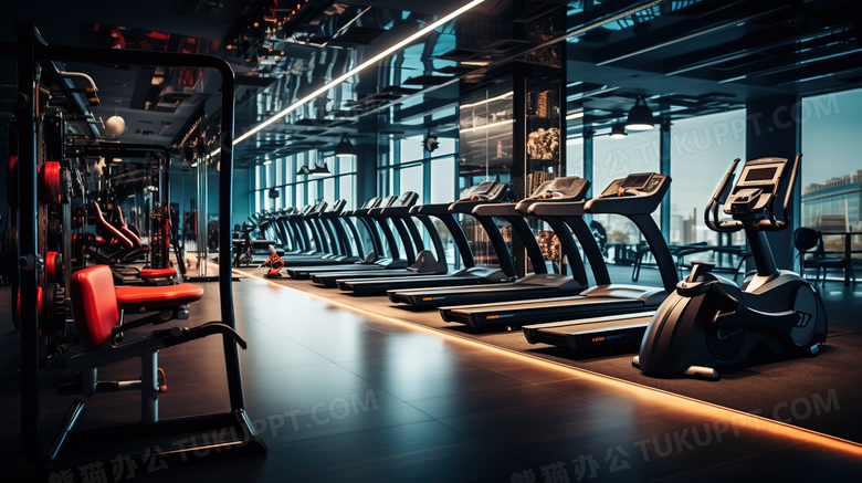 健身房整齐的运动机械场景图片