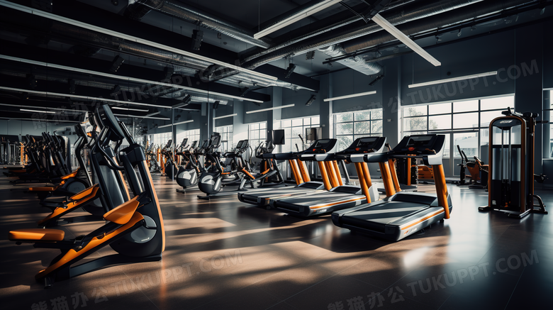 健身房整齐的运动机械场景图片