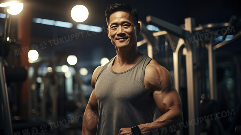 健身房展示强壮肌肉的男士特写图片
