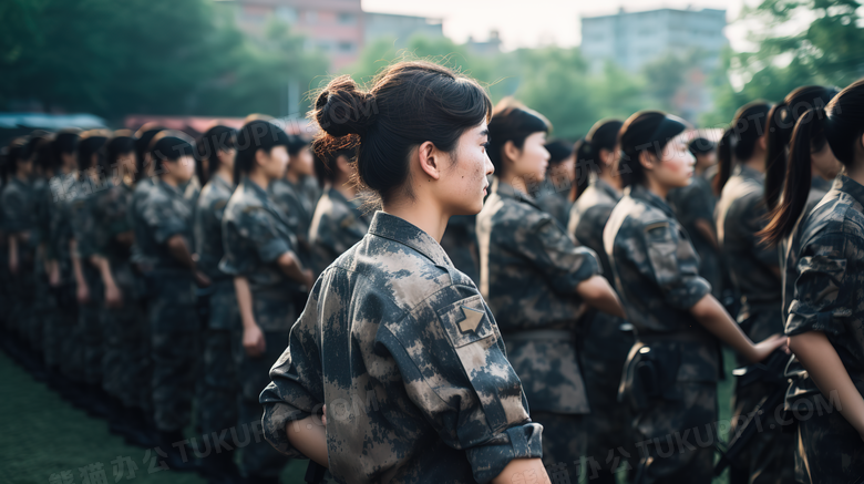 穿着迷彩服正在军训的大学新生摄影图