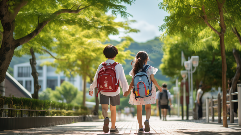 清晨校园上学的小学生摄影图