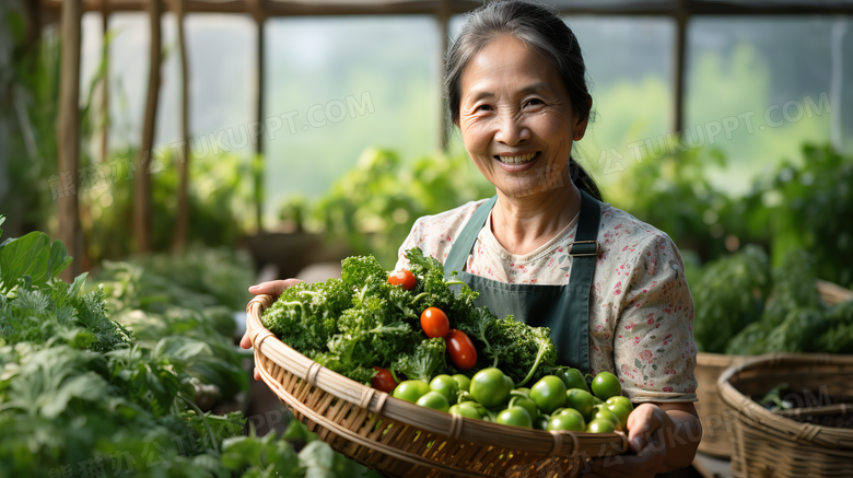 蔬菜大棚里农民拿着丰收的蔬菜摄影图