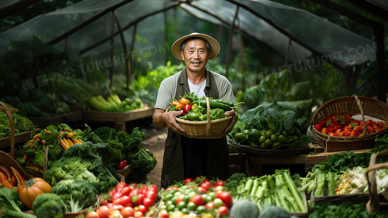 蔬菜大棚里农民拿着丰收的蔬菜摄影图