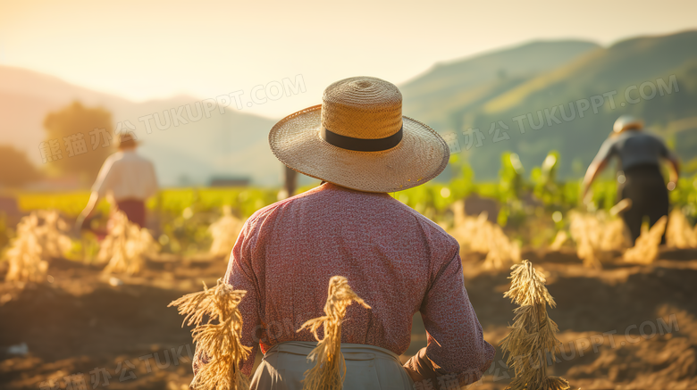 秋天田地里戴草帽的农民摄影图