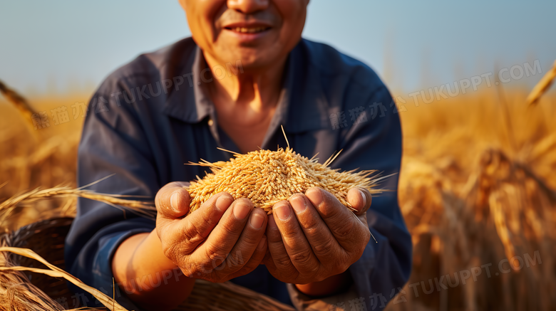 秋天农民双手捧着成熟的小麦摄影图
