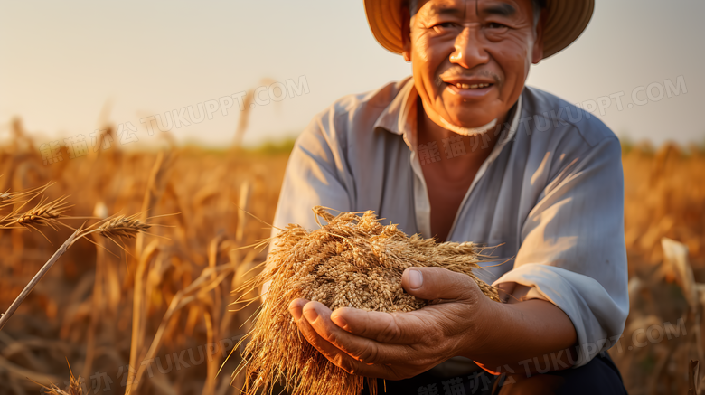 秋天农民双手捧着成熟的小麦摄影图