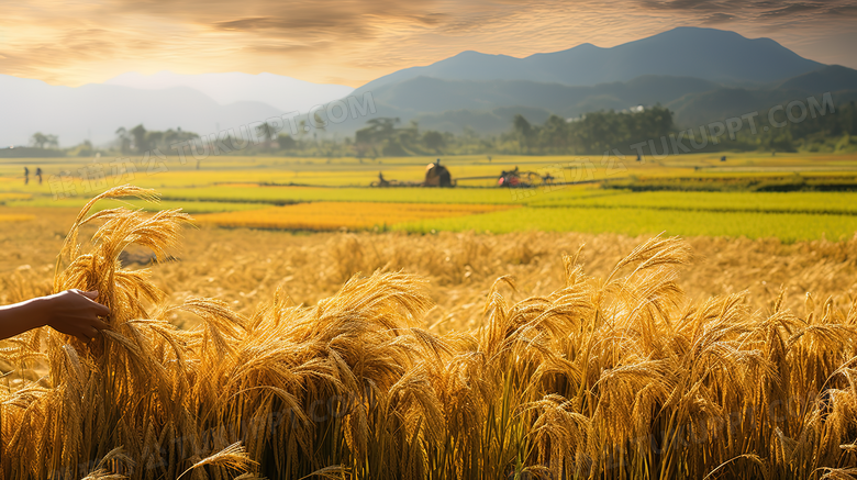 秋天田地里金黄色成熟的小麦摄影图