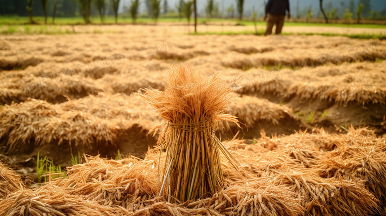 秋天田地里丰收的稻谷堆摄影图