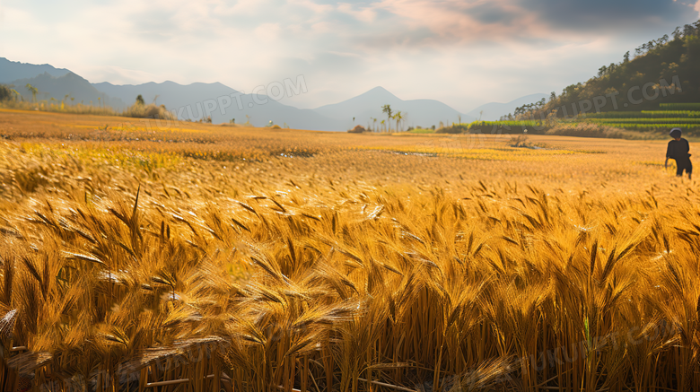 秋天田地里金黄色成熟的小麦摄影图
