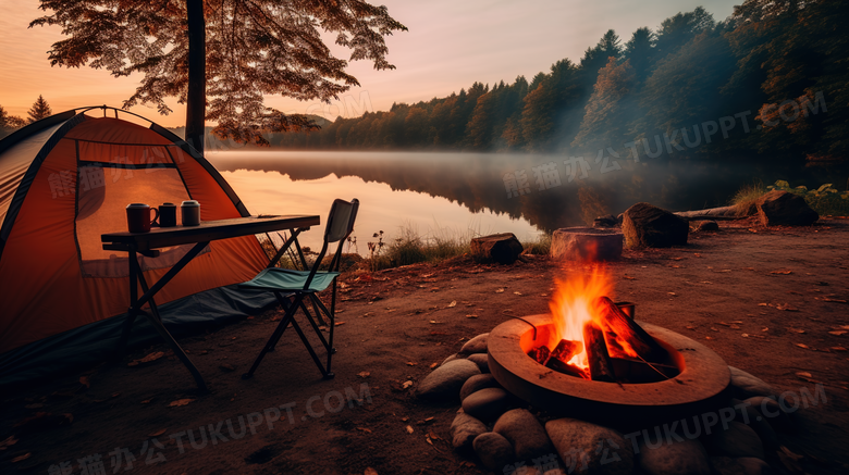 秋天树林湖边搭帐篷生火堆露营摄影图