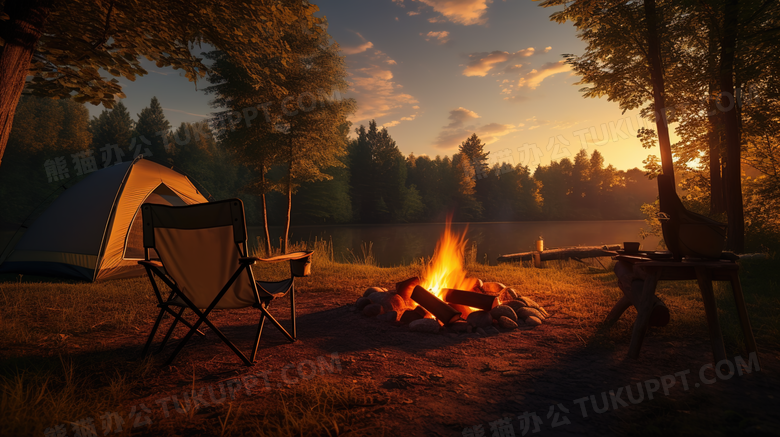 秋天树林湖边搭帐篷生火堆露营摄影图