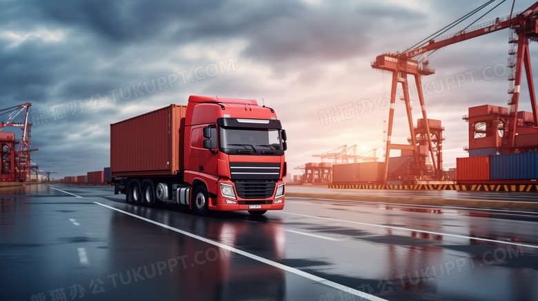 货物物流运输港口的红色货车摄影图