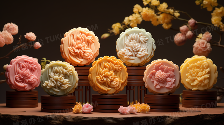制作精美花卉图案的月饼美食宣传摄影图