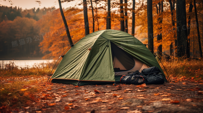 秋季在树林金色落叶上搭帐篷露营美景摄影图