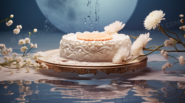 在水中花朵陪衬的精美月饼美食摄影图 