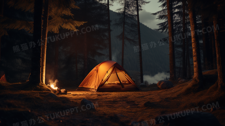秋季夜晚在树林草地上搭帐篷生火露营摄影图