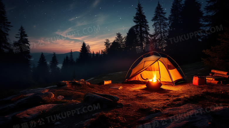 秋季夜晚在树林草地上搭帐篷生火露营摄影图