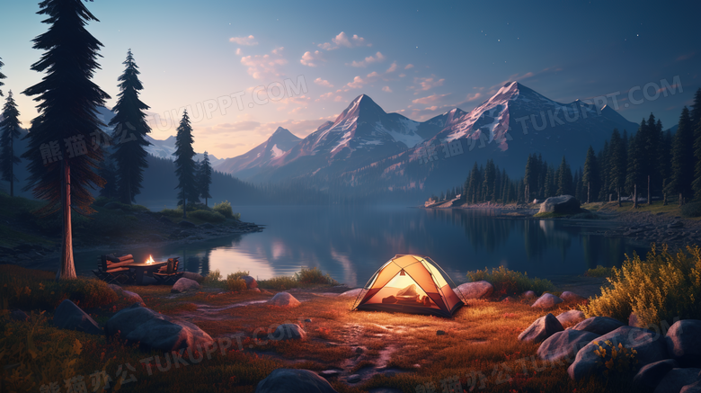 在湖边草地上搭帐篷露营美景摄影图