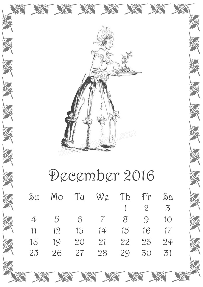 2016年12月日历图片
