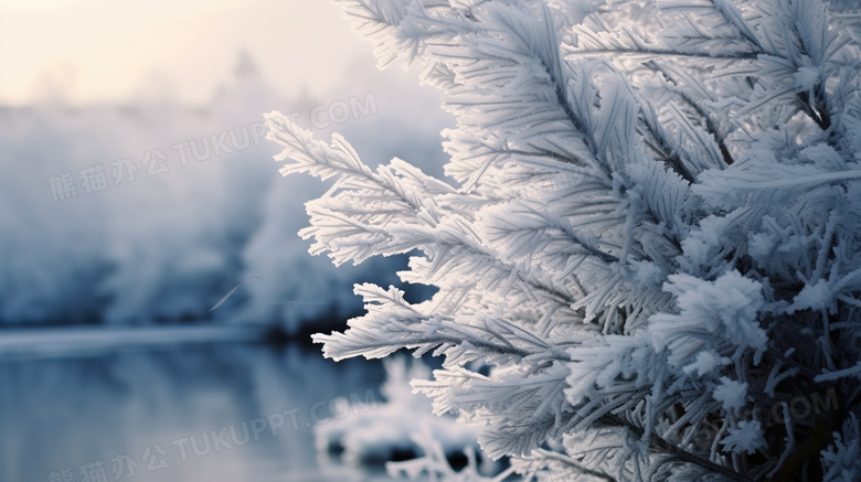 冬季落满白雪的结冰松叶雾凇摄影图