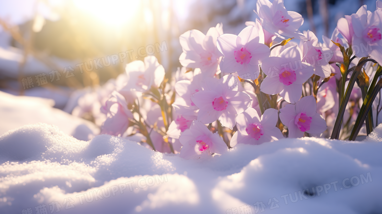 阳光下雪地里盛开的美丽花朵摄影图
