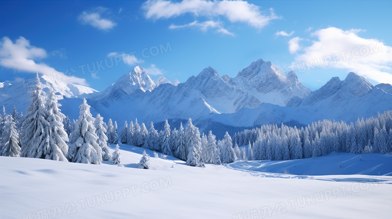 白色冬季大雪覆盖的山地森林风景摄影图