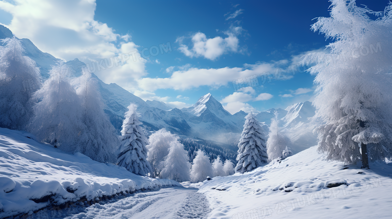 白色冬季大雪覆盖的山地森林风景摄影图