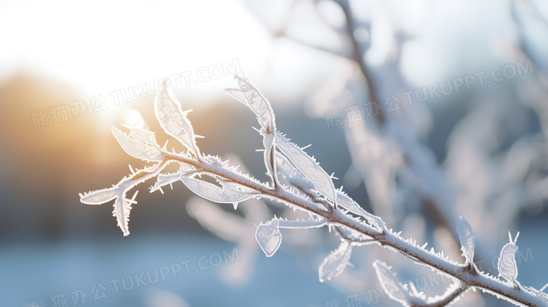 阳光雪地里树枝上雪花结晶特写摄影图