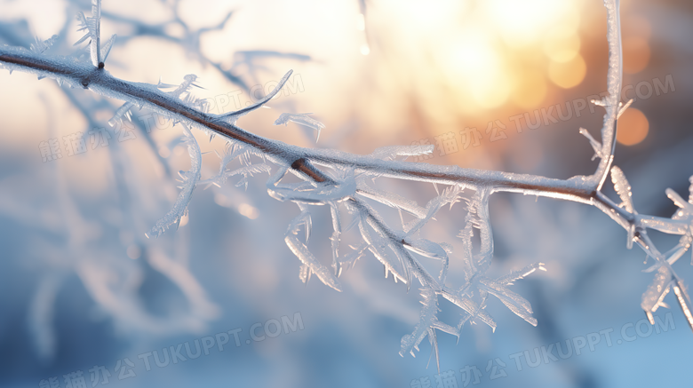 阳光雪地里树枝上雪花结晶特写摄影图