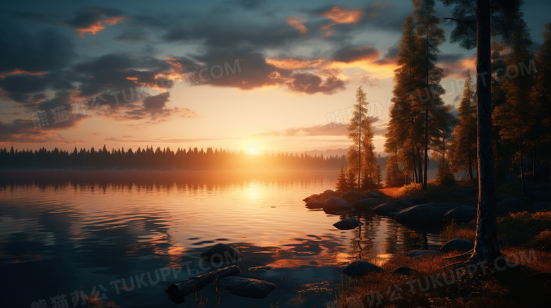 傍晚夕阳下的山林湖泊风景摄影图