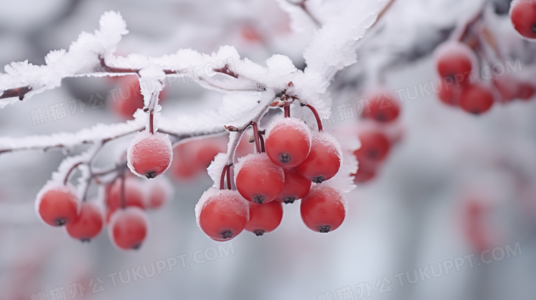 雪中树枝上的红色果实微距特写摄影图