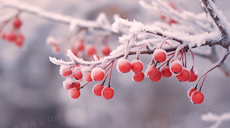 雪中树枝上的红色果实微距特写摄影图