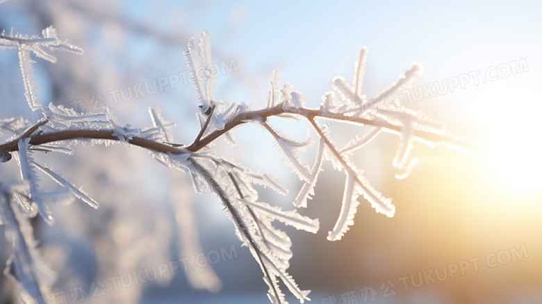 雪地里树枝上雪花结晶特写摄影图