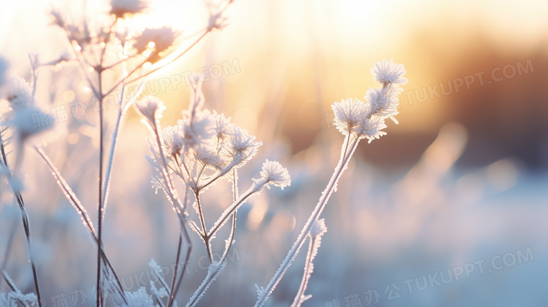 阳光下的雪地树枝冰雪结晶特写摄影图