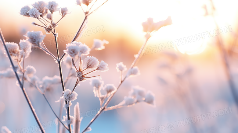 阳光下的雪地树枝冰雪结晶特写摄影图