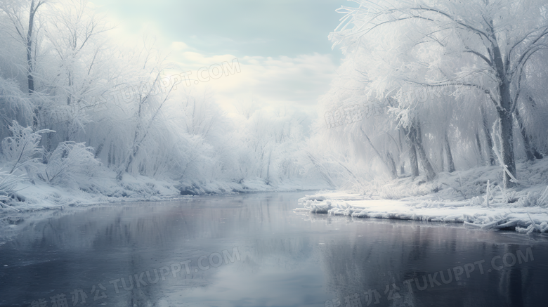 结白纯净的林中河流雪景摄影图