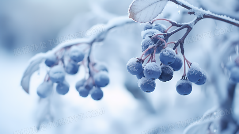 雪地树枝上的一串蓝莓特写摄影图